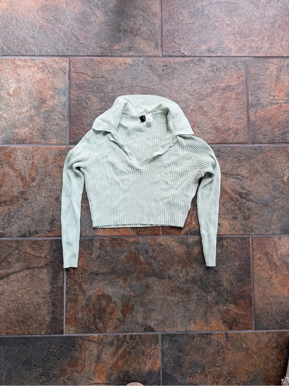 Divided Light Sage Ribbed Cropped V-Neck Sweater